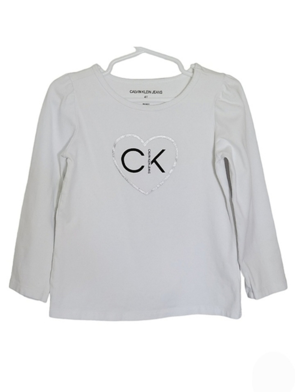 K1138 * Calvin Klein Girls Silver Heart Logo Long Sleeve Tee White Size 4T - Picture 1 of 6